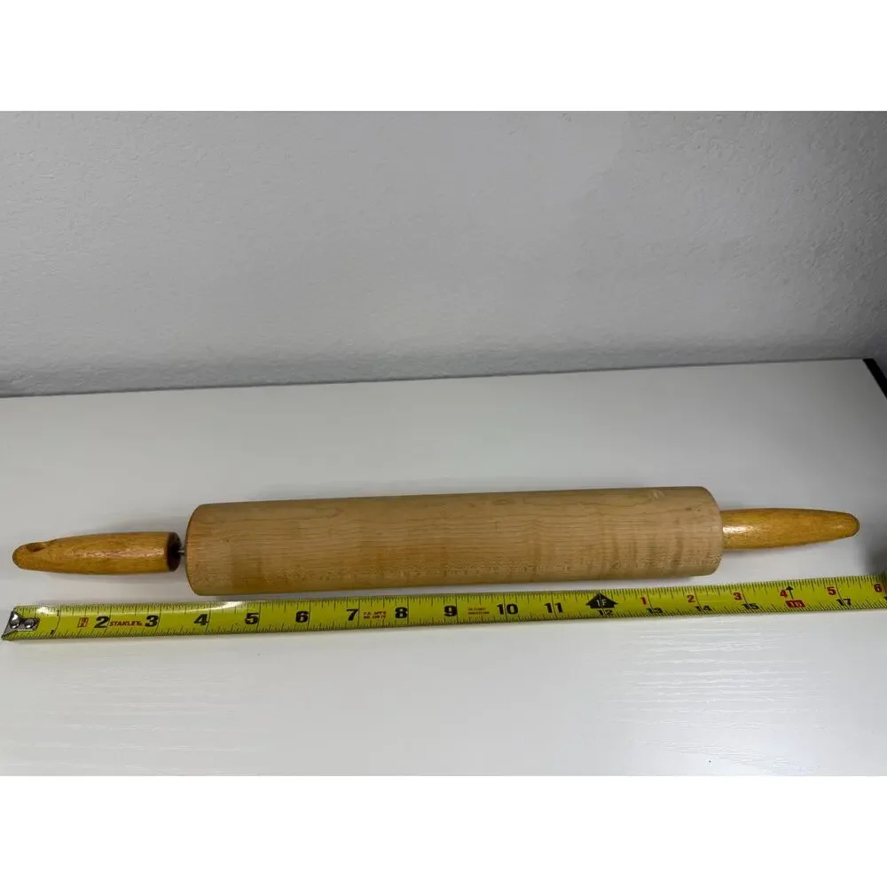 Vintage Wooden Rolling Pin with Rotating Handles, Farmhouse Kitchen Baking Tool